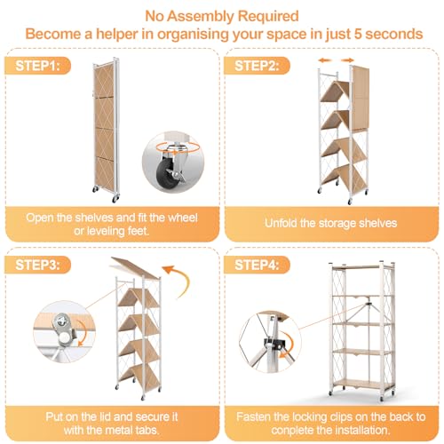5-Tier Foldable Storage Shelves with Wheels Wood Grain Transfer - color: Natural, size: 5 Tier