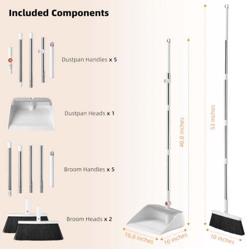 Broom with Dustpan Combo Set, 53" Long Handle, Includes 2 Broom Heads