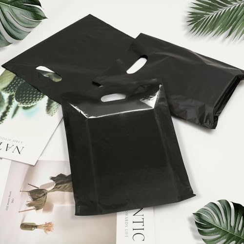 100 Pack Black Plastic Bags, 9"x12" Merchandise Bags With Die Cut Handles - color: Black