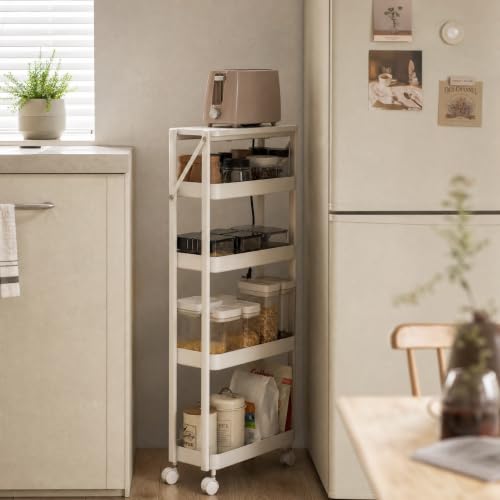 5 Tier Foldable Rolling Cart, Collapsible Storage Cart with Wheels - color: White, size: 4 Tier with Wooden Top