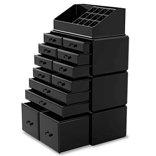 Readaeer Makeup Cosmetic Organizer Storage Drawers Display Boxes Case with 12 Drawers (Black) - color: Black