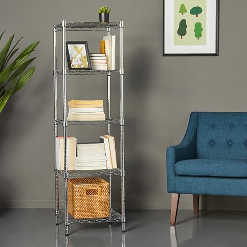 Amazon Basics 5-Shelf Tower Adjustable Storage Shelving Unit, Chrome, 16" x 16" x 54", 150 lbs Per Shelf - color: Chrome, size: 16"L x 16" W x 54"H, style: 5 -Shelf