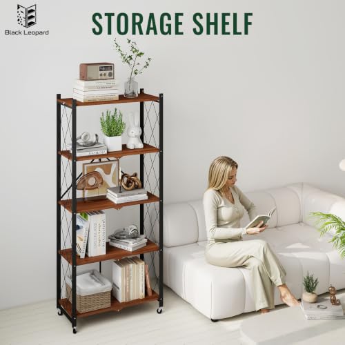 black leopard 5-Tier Foldable Shelf with Wheels, Wood-Grain Steel Shelves