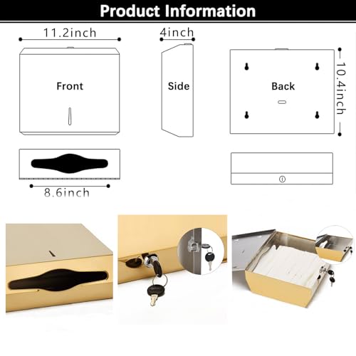 Comercial Paper Towel Dispenser Wall Mount, Stainless Steel Hand Towel Dispenser with Lock, Trifold/C Fold Paper Towel Holder for Bathroom Kitchen Office Public Places, Large Capacity Tissue Holder - color: Gold