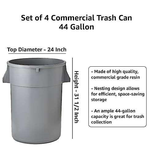 Set of 4 Round Commercial Trash Can 44 Gallon, Industrial Recycling Bin, Durable Garbage Can, Safe Food Container, Ingredient Bin (Gray) - color: Gray