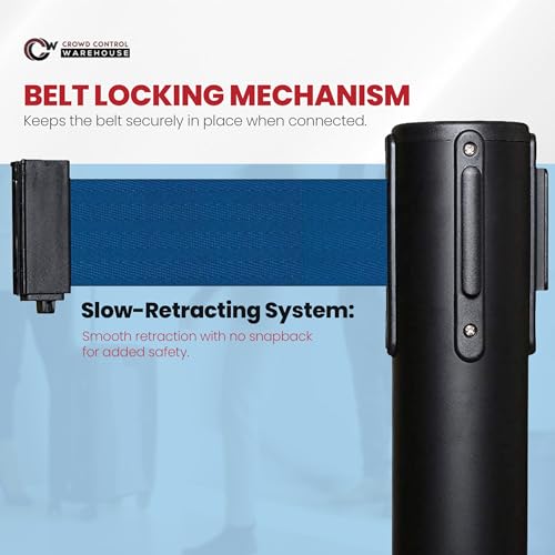 Crowd Control Warehouse 2-Pack Retractable Belt Stanchions, 11 Ft Dark Blue - color: Dark Blue Belt with Black Post