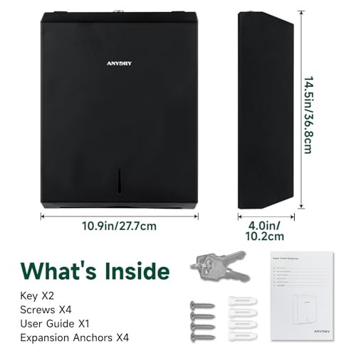 anydry Commercial Paper Towel Dispenser Wall Mount 400-Sheet Capacity Matte Black Stainless Steel Lockable Fits Multifold/Z-Fold Towels (Folded Size ≤ 10.6" x 3.9") - color: Fingerprint-resistant Matte Black