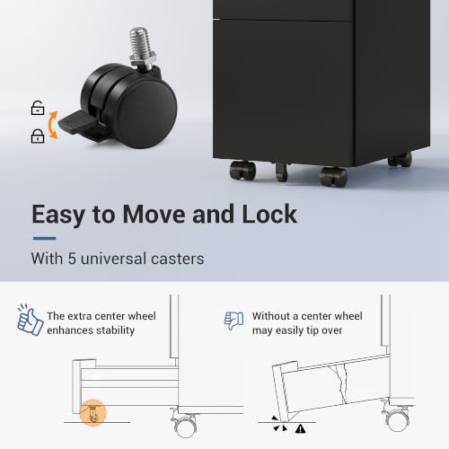 DEVAISE 3 Drawer File Cabinet with Lock, Fully Assembled Except Casters - color: Black, size: 11.8"W x 17.1"D x 23.6"H