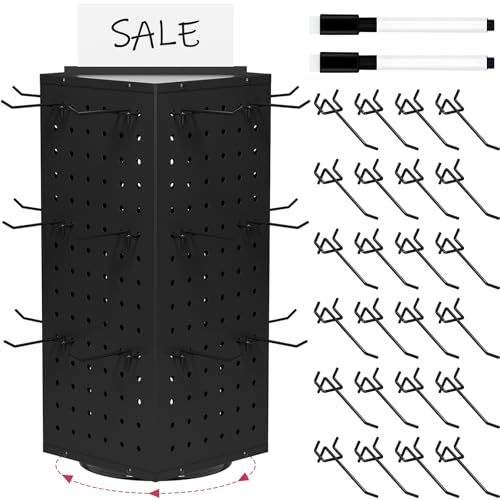 Rotating Pegboard Display Stand With 24 Hooks ,Metal Spinning Peg Board Displays, Desk Pegboard,Merchandise Display Rack for Selling Accessories Vendors & Events Retail Craft Shows & Fairs ( Black) - color: Black