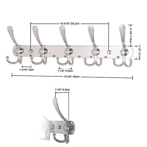 Dseap Coat Rack Wall Mounted - 5 Tri Hooks, Heavy Duty, Stainless Steel, Metal Coat Hook Rail for Coat Hat Towel Purse Robes Mudroom Bathroom Entryway,Chromed - color: Chrome Finish, size: L=16" (1 Pcs)