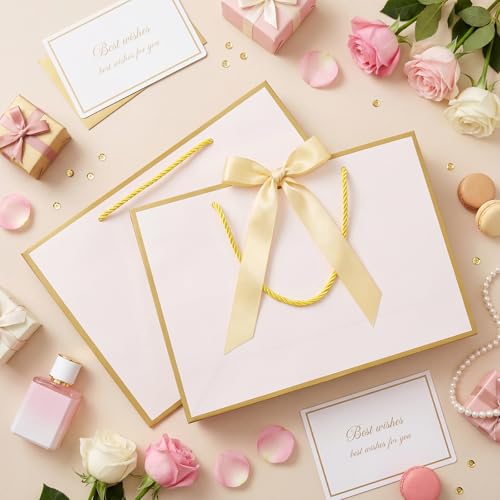 woric 2 Pcs White Gold Foil Gift Bags, 14" Medium Wedding Gift Bag - color: White with Gold Edge