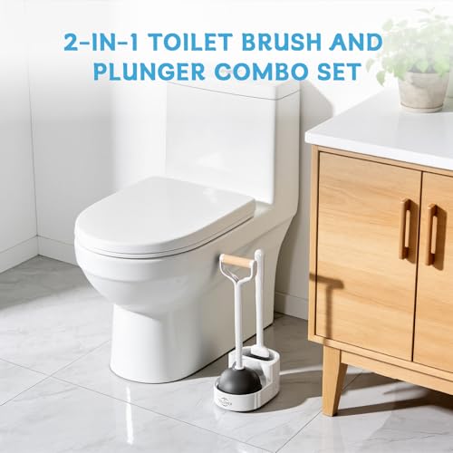 Sellemer Toilet Brush and Plunger Set, Curved Head for Deep Cleaning, White - color: White