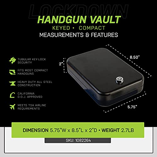Lockdown Keyed Full Size Handgun Vault with All Steel Construction, TSA Approval and California DOJ Certification for Secure Storage and Travel - style: Keyed Compact