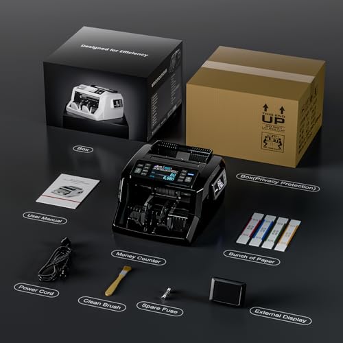 Mixed Denomination Money Counter & High-Security Counterfeit Detector (CIS/UV/MG/IR/DD) for USD/EUR/MXN/GBP/CAD, Dual-Display Cash Counting Machine, Black