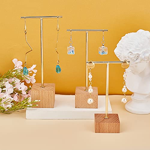 FINGERINSPIRE 3 Pcs Gold Metal T Bar Earring Display Stand 6.3/5.5/4.5 Inch Height Jewelry Stand with Wooden Square Base Earring Hanging Holders Jewelry Organizer for Store Retail Photography Props - color: Gold- Square Base, 6.3&5.5&4.5 Inch Height