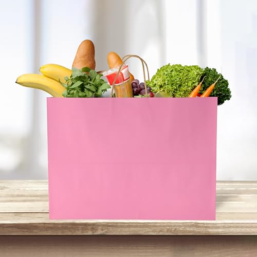 BLEWINDZ 50Pcs Pink Gift Bags Large 16x6x12 Inches Kraft Paper Bags with Handles Bulk – Goodie Bag Shopping Bag for Grocery Merchandise - color: Pink