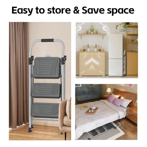 3 Step Ladder, Folding Step Stool with Anti-Slip Wide Pedal, Soft Handle, Anti-Slip Feet, Sturdiest Steel Construction, 900lbs Capacity Steel Ladder for Home and Office - color: Gray Dark, size: 3 Step