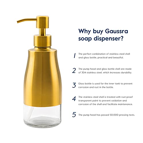 Gaussra Gold Soap Dispenser with Coaster and Stickers - 11 OZ / 320 ML - color: Brushed Gold