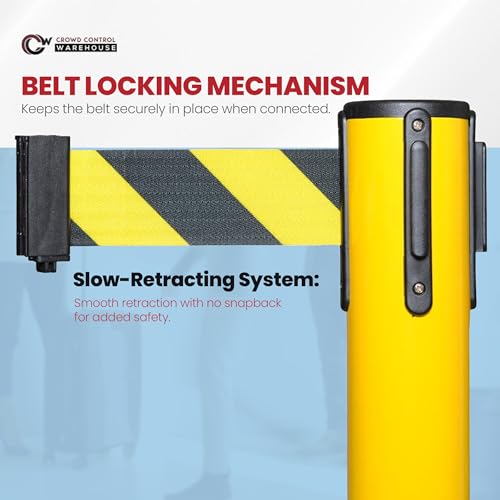 Crowd Control Warehouse 2-Pack Retractable Belt Stanchion Barriers, 11 Ft - color: Black/Yellow Belt, Yellow Post