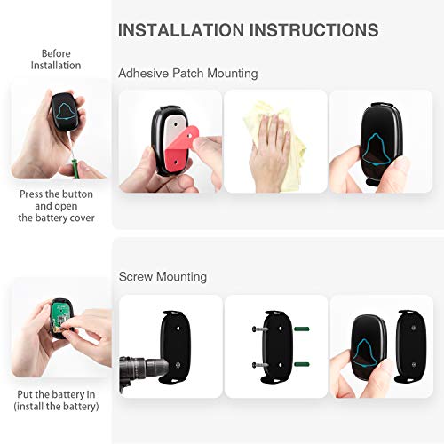 Wireless Doorbell, BO YING Waterproof Door Bell, Easy Install, Operating at 1000ft Range with 38 Melodies to Choose, Adjustable Volume and LED Flash,1 Push Button(Battery included)&1 Receiver (Black) - color: Black