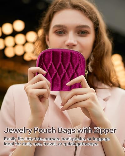 Small Travel Jewelry Case, Velvet Pouch with Zipper, Rose Purple - color: RosePurple
