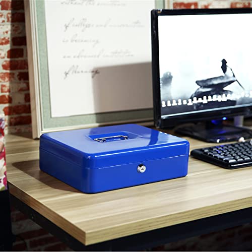 Jssmst Large Cash Box with Key Lock - Durable Metal Cash Box with Money Tray, 11.81 x 9.84 x 3.46 inches (X-Large, Blue) - color: Blue, size: XL(11.81")