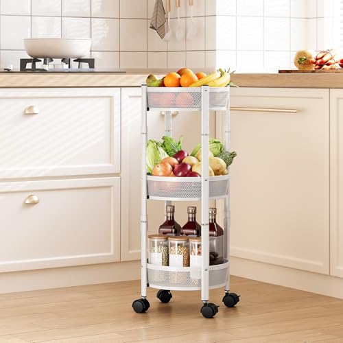 TOOLF 3 Tier Foldable Rolling Cart, Metal Utility Storage Cart, White - color: White
