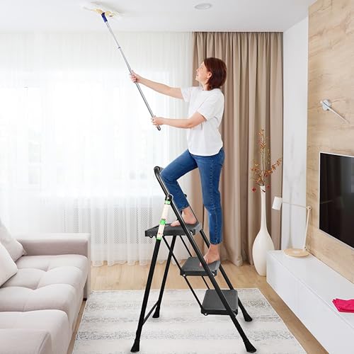 Arbusb 3 Step Ladder, Folding Steel Ladder with Handrail & Wide Pedals - color: Black, size: 3-Step