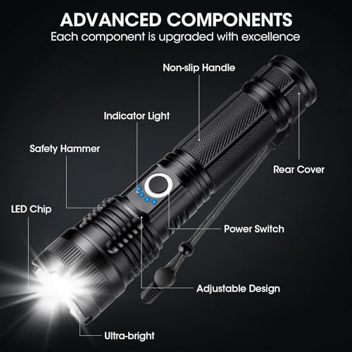 Kmivo Flashlights Rechargeable LED High Lumens - 4 Pack 90,000LM Super Bright Flashlight, Adjustable Powerful Flash Light with 5 Modes, Waterproof Handheld Flashlight for Home, Camping - size: M-4P