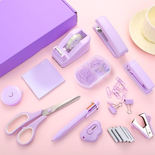 Purple Desk Accessory Kit Cute Office Supplies Set Desktop Stapler Set Includes Staple Remover Hole Punch Tape Dispenser Ballpoint Pen Scissor Mini Box Cutter Tape Measure Paper Clips Sticky Notes - color: Purple