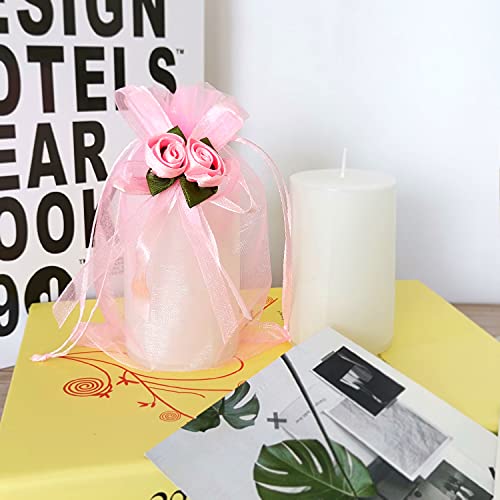 SumDirect Rose Organza Gift Bags - 50Pcs 4x6 inch Pink Wedding Favor Gift Bags, Jewelry Pouches with Drawstring for Party Wedding Christmas Valentine - color: Pink