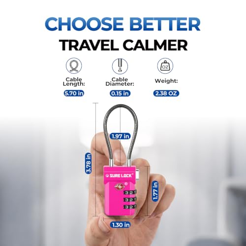 SURE LOCK 3 Digit TSA Approved Luggage Locks - color: ROSE RED 2 PACK, size: Standard Cable