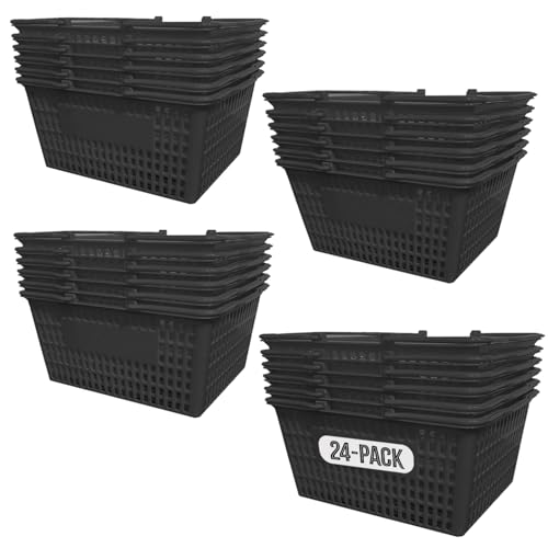 Stackable Plastic Shopping Baskets, Black, Easy-Grip Handles for Grocery, Retail, Liquor Stores, Home Use (Black, 24-pack) - size: 24-pack