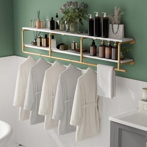 ORSENIGO Industrial Pipe Clothing Rack with Shelves, Gold Wall Mounted Clothes Rack for Home Retail - size: 63 x 9.84 x 9.65