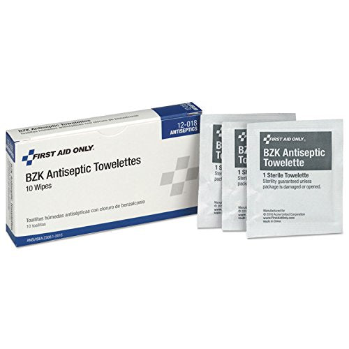 First Aid Only 12-018 Benzalkonium Chloride Wipes, Individually Wrapped, 10 Count
