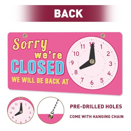 PLIGREAT Pink 3D Characters Open Closed Sign Double Sided Open Sign with Clock Sorry We Are Closed Signs for Business Retail Store Window Wall Decor Hanging Door Signs with Chain, Pink Blue - style: 3D Characters