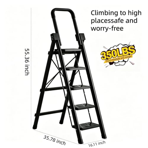 Portable Ladder for Multi-Purpose, Home, Kitchen, Heavy Sturdy Steel Step Stool with Anti-Slip Wide Pedals, Handrail, Safe-Lock Design (5 Tier Black) (5 Tier Black)