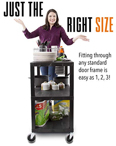 Stand Steady Tubstr 3 Flat Top Shelf Utility Cart Supports Up to 300 lbs - Heavy-Duty Plastic Service Push Cart with Three Flat Shelves, for Offices, Warehouse Storage, Garage Tools (Black, 35 x 18)