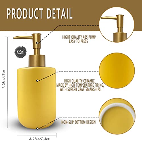 Liquid Soap Dispenser for Bathroom with Gold Pump,Dish Soap Dispenser for Kitchen,Refillable Countertop Lotion Ceramics Yellow Hand Soap Dispenser for Shower 420ml (Cylindrical Yellow Bottle) - color: Cylindrical Yellow Bottle