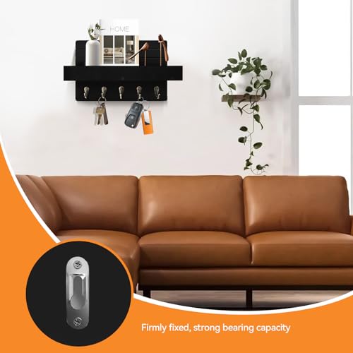 Key Holder Wall Mount, Decorative Key Rack with Shelf & 5 Sturdy Hooks, Rustic Key Hooks for Wall for Mail Organizer Hanging Dog Leash, Glasses, Wooden Key Hanger with Mounting Hardware - size: 10.61in