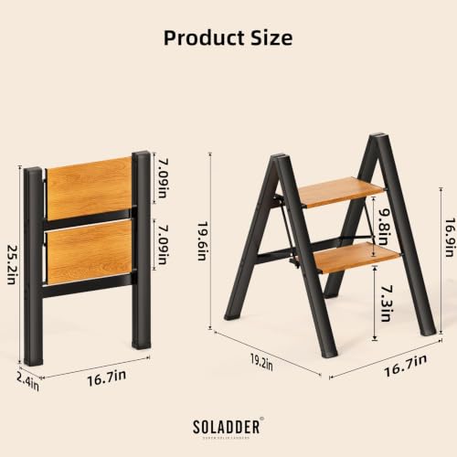 SOLADDER 2 Step Ladder, Folding Step Stool, Black & Woodgrain - color: Black&woodgrain, size: 2 Step