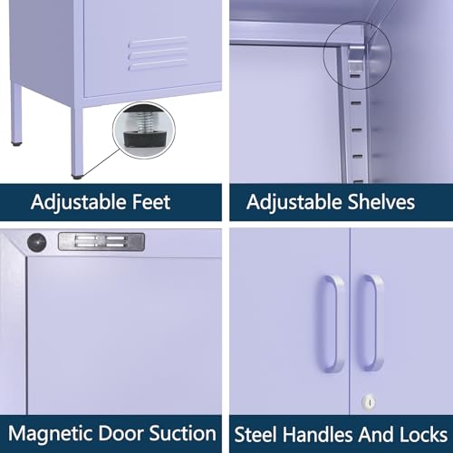Metal Armoire Wardrobe Closet, 67" Tall Purple Lockable Wardrobe Cabinet with 2 Doors, Hanging Rod and Adjustable Shelves, Steel Clothing Storage Cabinet for Bedroom, Home, Cloak Room, Gym, Office - color: Lilac, style: Wardrobe-67"H-JS