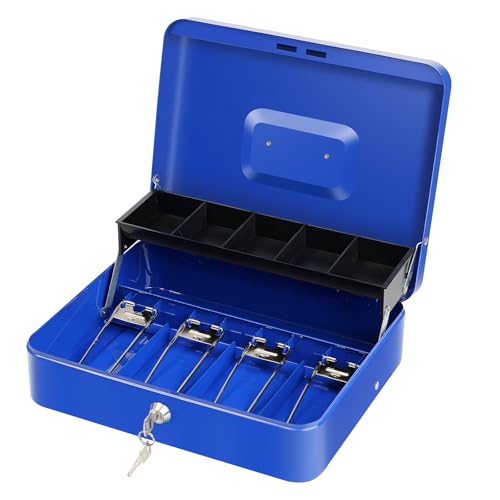 Cash Box with Lock Key and Money Tray - Large Money Box for Cash Register, Metal Lock Box for Money Safe 11.8" x 9.4" x 3.54" Blue - color: Blue with Key Lock