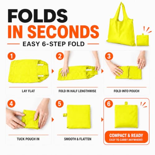 Reusable Grocery Bags 6 Pack, Foldable Shopping Bags with Pouch, Heavy Duty 50 LBS, Machine Washable Travel Totes - color: Yellow