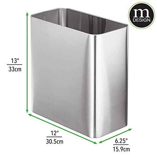 mDesign Stainless Steel Slim Rectangular Modern Metal 2.6 Gallon/10 Liter Trash Can Wastebasket, Garbage Container Bin for Bathroom, Bedroom, Kitchen, Home Office; Holds Waste, Recycling - Chrome - color: Brushed