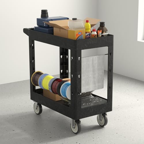 Plastic Utility Cart on Wheels, 34 x 17 Inch Rolling Service Cart-Black - color: Black, size: 34 x 17 Inch