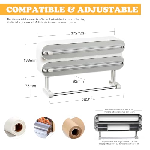Magnetic Plastic Wrap Dispenser with Cutter - Refillable Aluminum Tin Foil and Plastic Wrap Organizer for Kitchen, Quasziwa Upgraded 3 in 1 Paper Towel Holder Wall Mount - Fits 12" Roll, White - color: White(gray Plastic Lid)