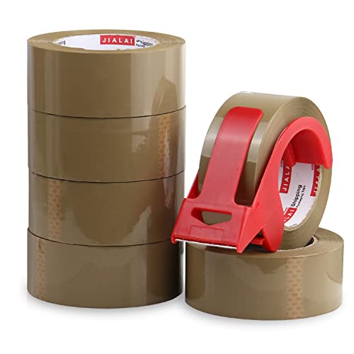 JIALAI HOME Brown Packing Tape with Dispenser, 2.4 mil, 1.88 inch x 110 Yards 6 Rolls, Ultra Strong, Refill Industrial Shipping Box Packaging Tape for Moving, Office, & Storage