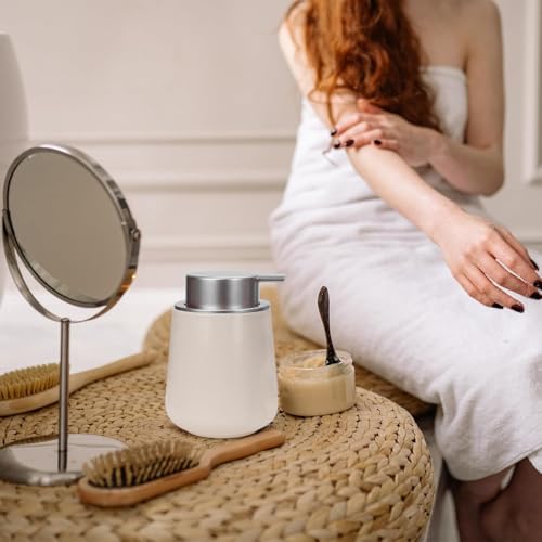 Bosilunlife 12Oz Ceramic Foam Soap Dispenser for Bathroom Kitchen Counter - color: Beige With Silver Pump