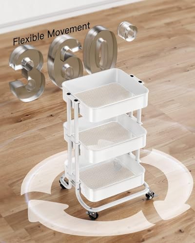 Pipishell 3 Tier Metal Rolling Utility Cart with 2 Lockable Wheels, White - color: White, size: 3 Tier